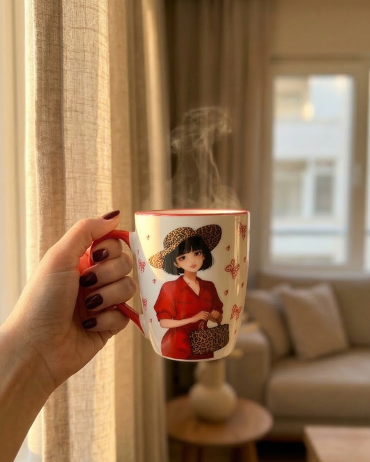 Leopard Style Fashion Girl Coffee Mug – Red Handle Ceramic Cup