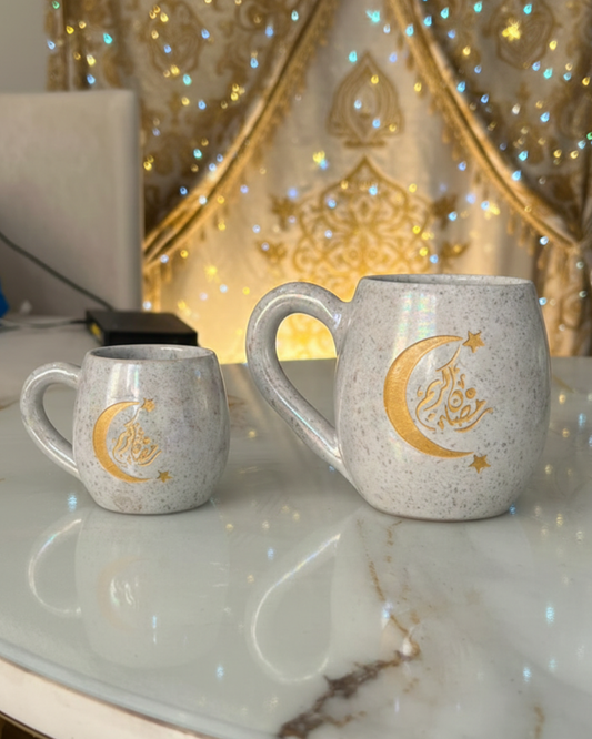 Handmade Pottery Ramadan Crescent Mug Bundle – Large 380ml & Mini 180ml