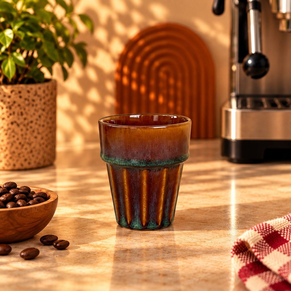 Fluted Ceramic Coffee Cup – Amber Brown & Teal, 200ml by Gifteila