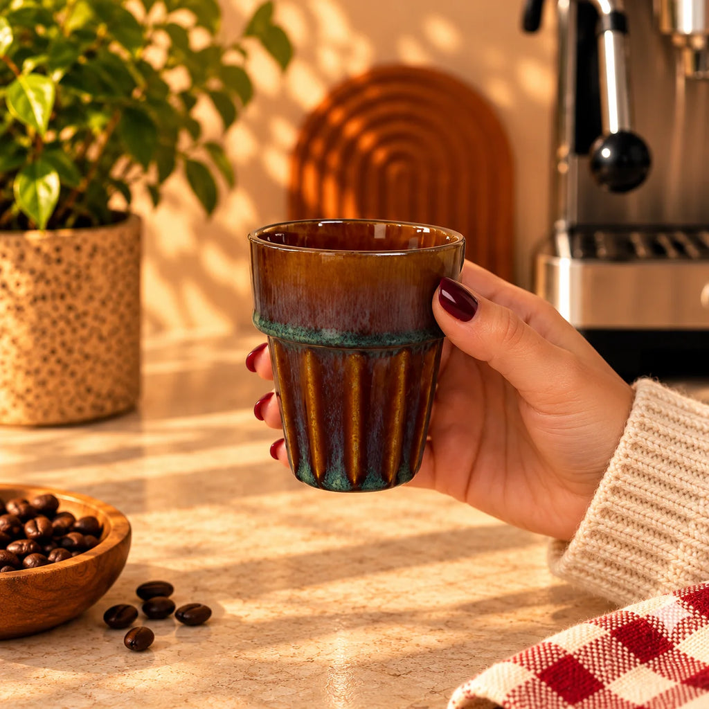 Fluted Ceramic Coffee Cup – Amber Brown & Teal, 200ml – view 2