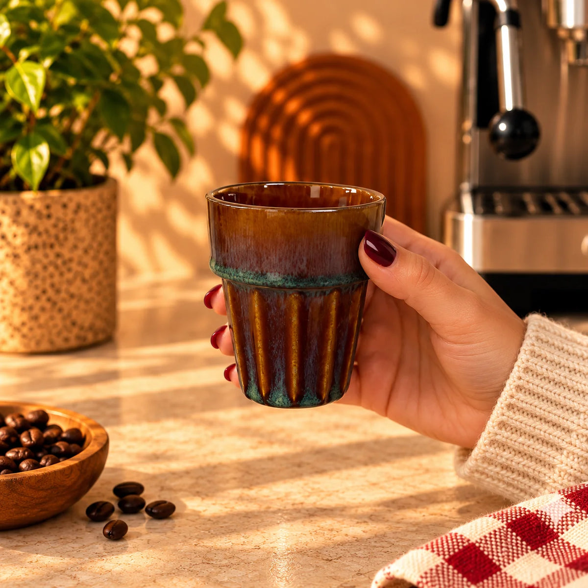Fluted Ceramic Coffee Cup – Amber Brown & Teal, 200ml – view 2
