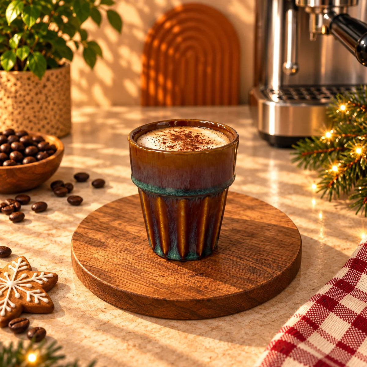 Fluted Ceramic Coffee Cup – Amber Brown & Teal, 200ml – view 3