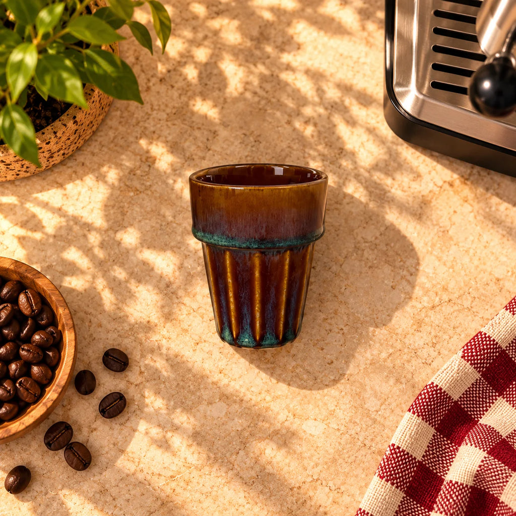 Fluted Ceramic Coffee Cup – Amber Brown & Teal, 200ml – view 4