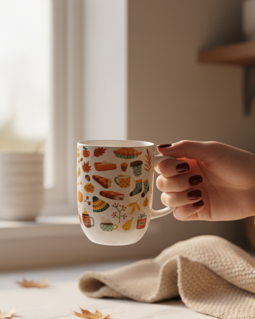 Autumn Cozy Icons Ceramic Mug – 350ml | Warm Fall Coffee & Tea Cup