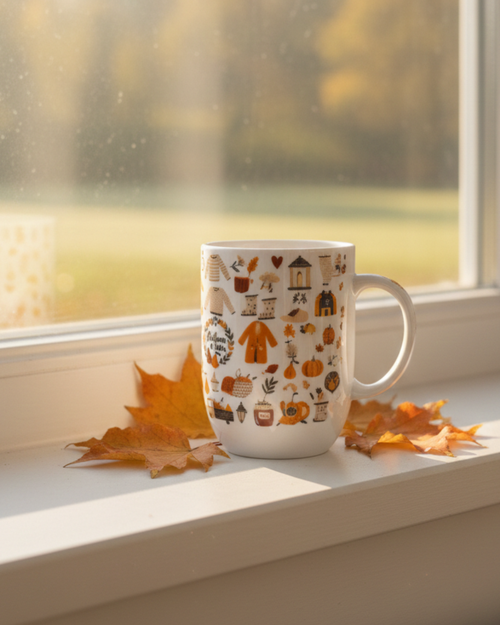 Autumn Vibes Ceramic Mug – 350ml | Cozy Fall Illustrations Coffee Cup