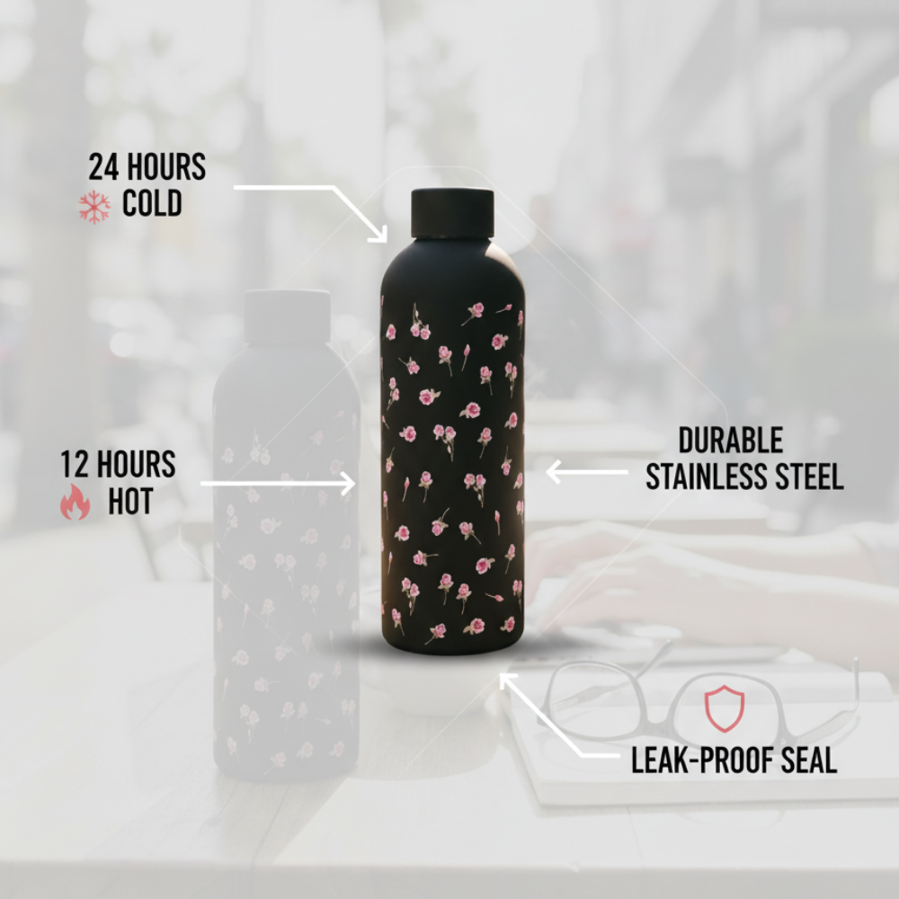 Black Bows Stainless Steel Bottle - Elegant Insulated Water Bottle