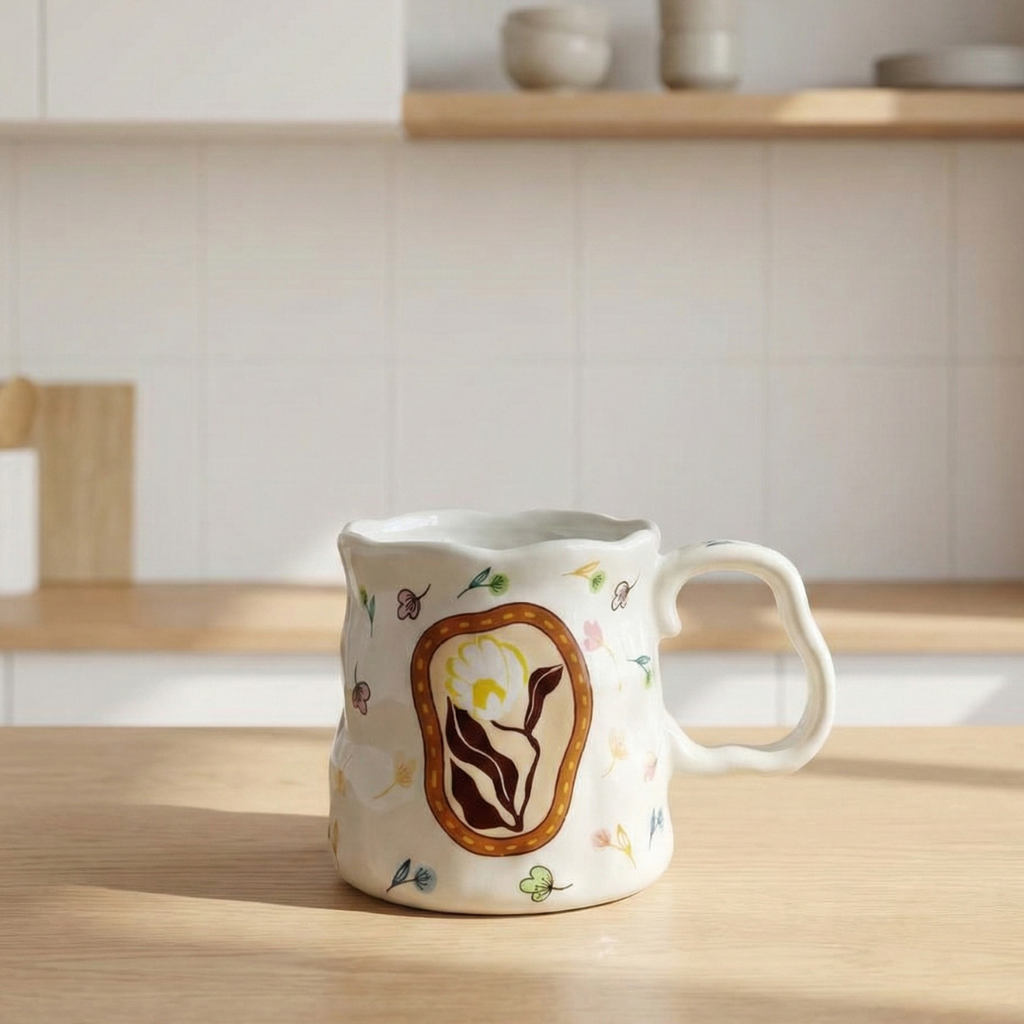 Ivory Bloom Ceramic Mug – Handcrafted Floral Design | Premium Coffee Cup - Gifteila