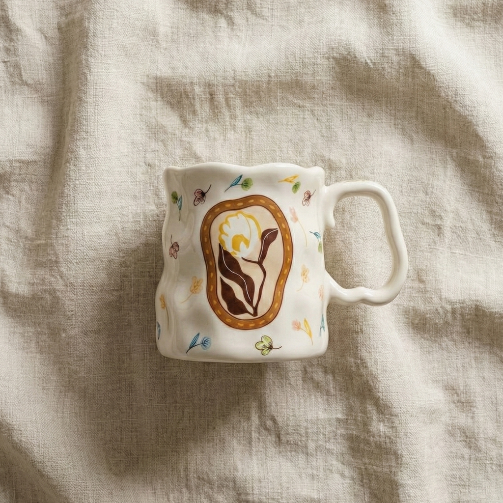 Ivory Bloom Ceramic Mug – Handcrafted Floral Design | Premium Coffee Cup - Gifteila