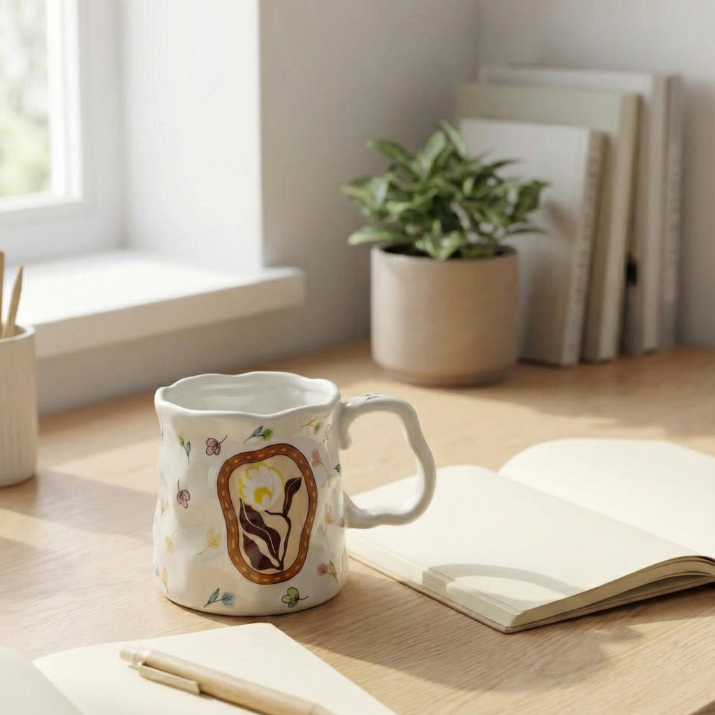 Ivory Bloom Ceramic Mug – Handcrafted Floral Design | Premium Coffee Cup - Gifteila