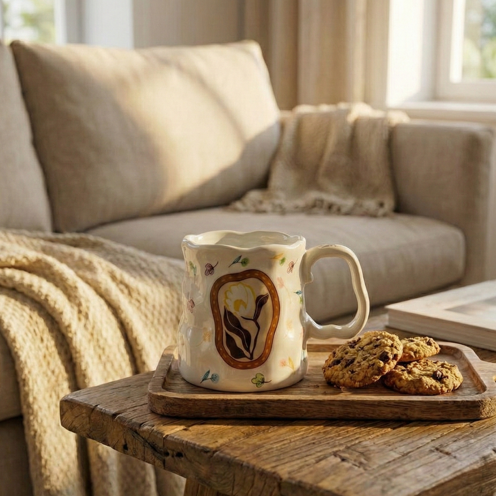 Ivory Bloom Ceramic Mug – Handcrafted Floral Design | Premium Coffee Cup - Gifteila