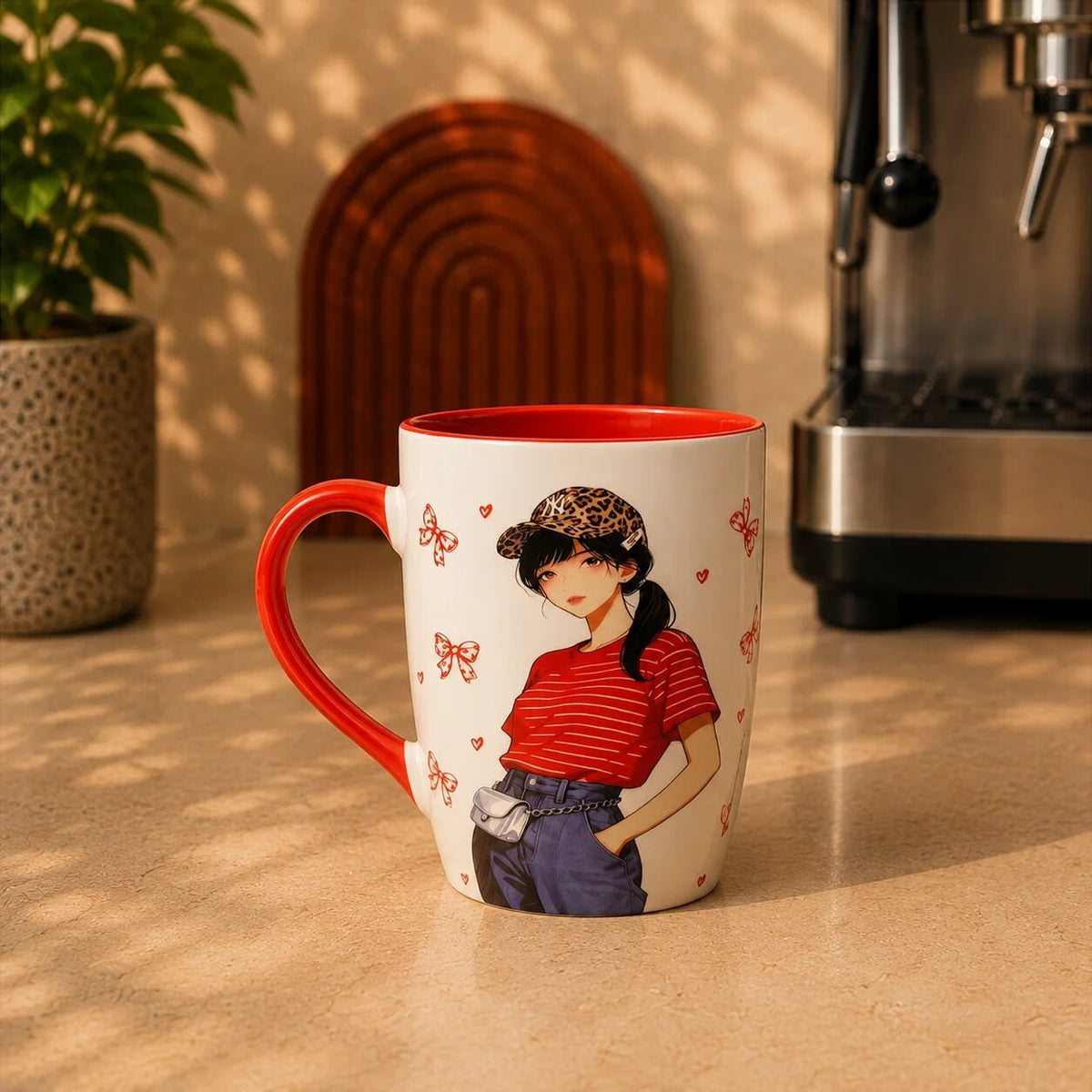 Cute Fashion Girl Ceramic Coffee Mug – Red Handle Aesthetic Mug for Coffee & Tea