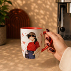 Cute Fashion Girl Ceramic Coffee Mug – Red Handle Aesthetic Mug for Coffee & Tea