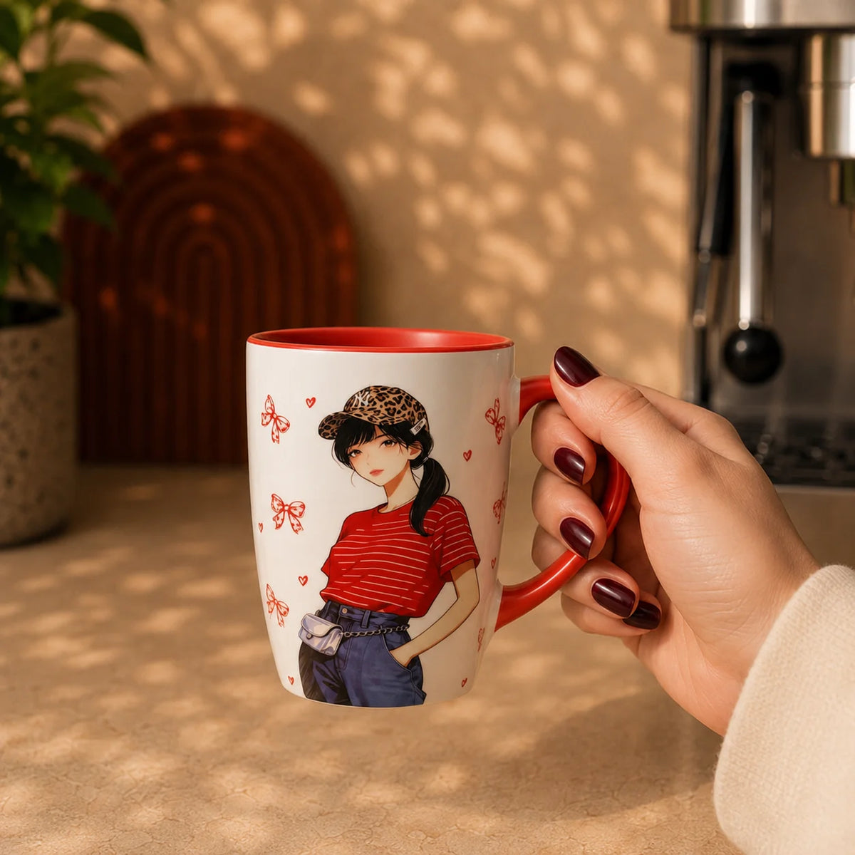 Cute Fashion Girl Ceramic Coffee Mug – Red Handle Aesthetic Mug for Coffee & Tea