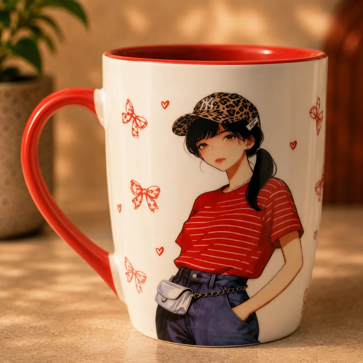 Cute Fashion Girl Ceramic Coffee Mug – Red Handle Aesthetic Mug for Coffee & Tea