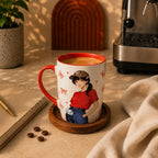 Cute Fashion Girl Ceramic Coffee Mug – Red Handle Aesthetic Mug for Coffee & Tea