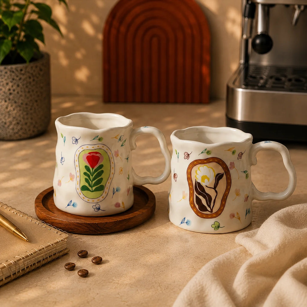 Handcrafted Floral Coffee Cups (Set of 2)