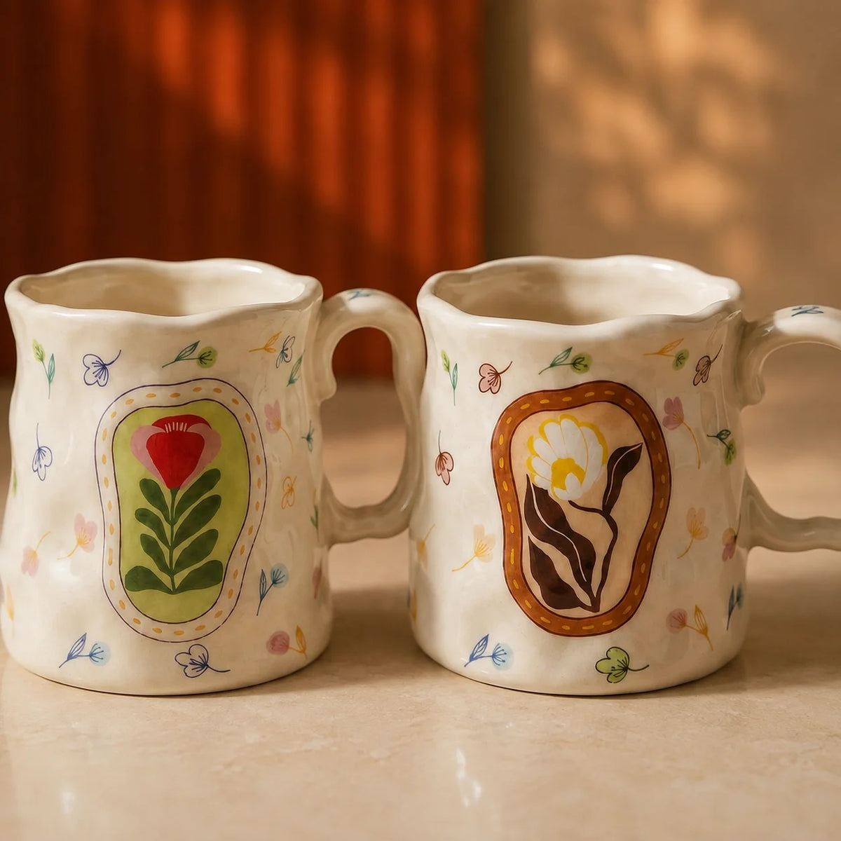 Handcrafted Floral Coffee Cups (Set of 2)