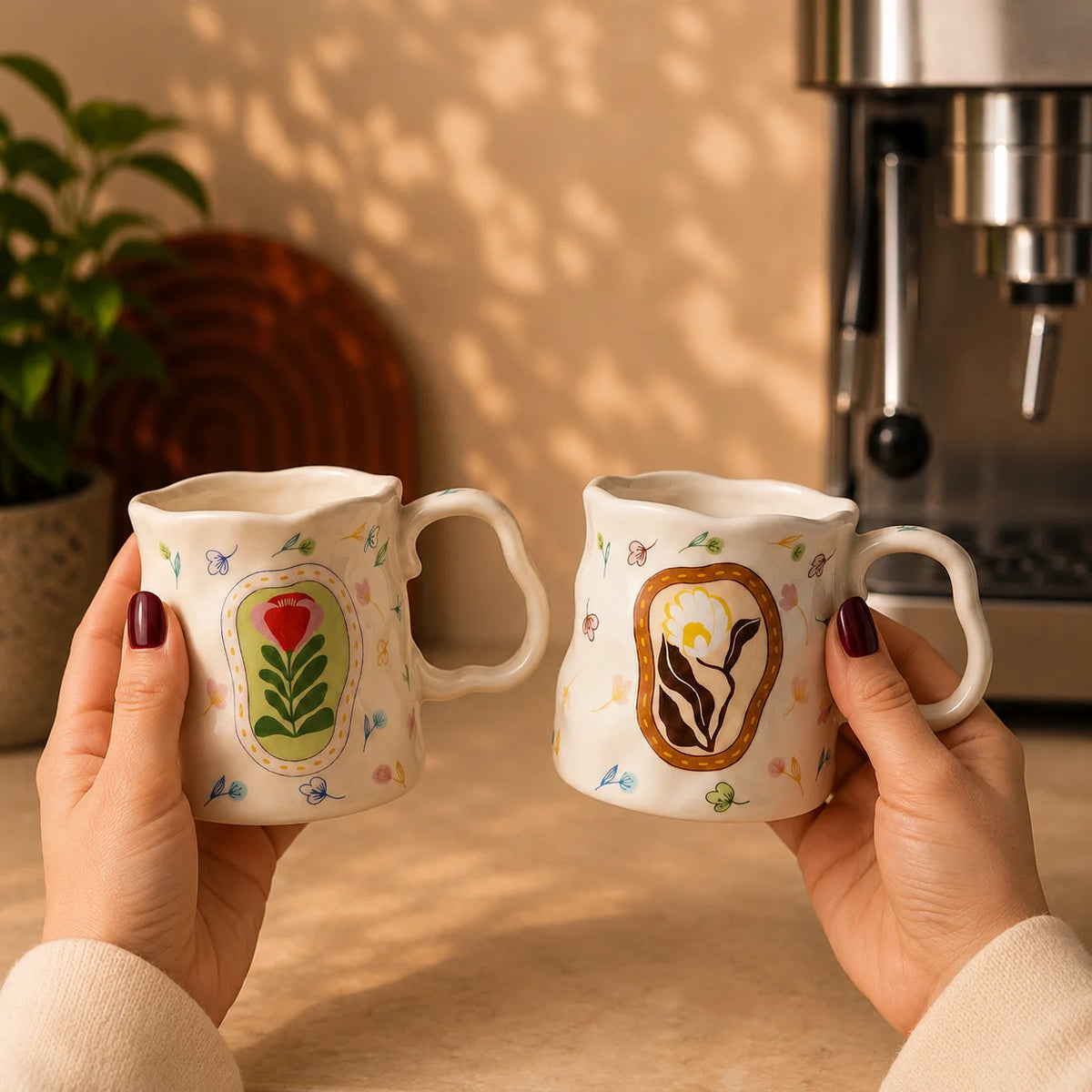 Handcrafted Floral Coffee Cups (Set of 2)