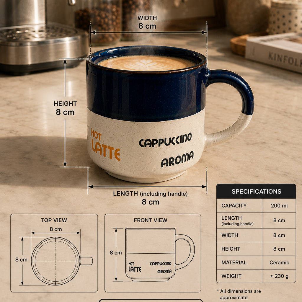 Premium Ceramic Coffee Mug 200ml – Blue & Cream Cappuccino & Latte Stoneware Cup