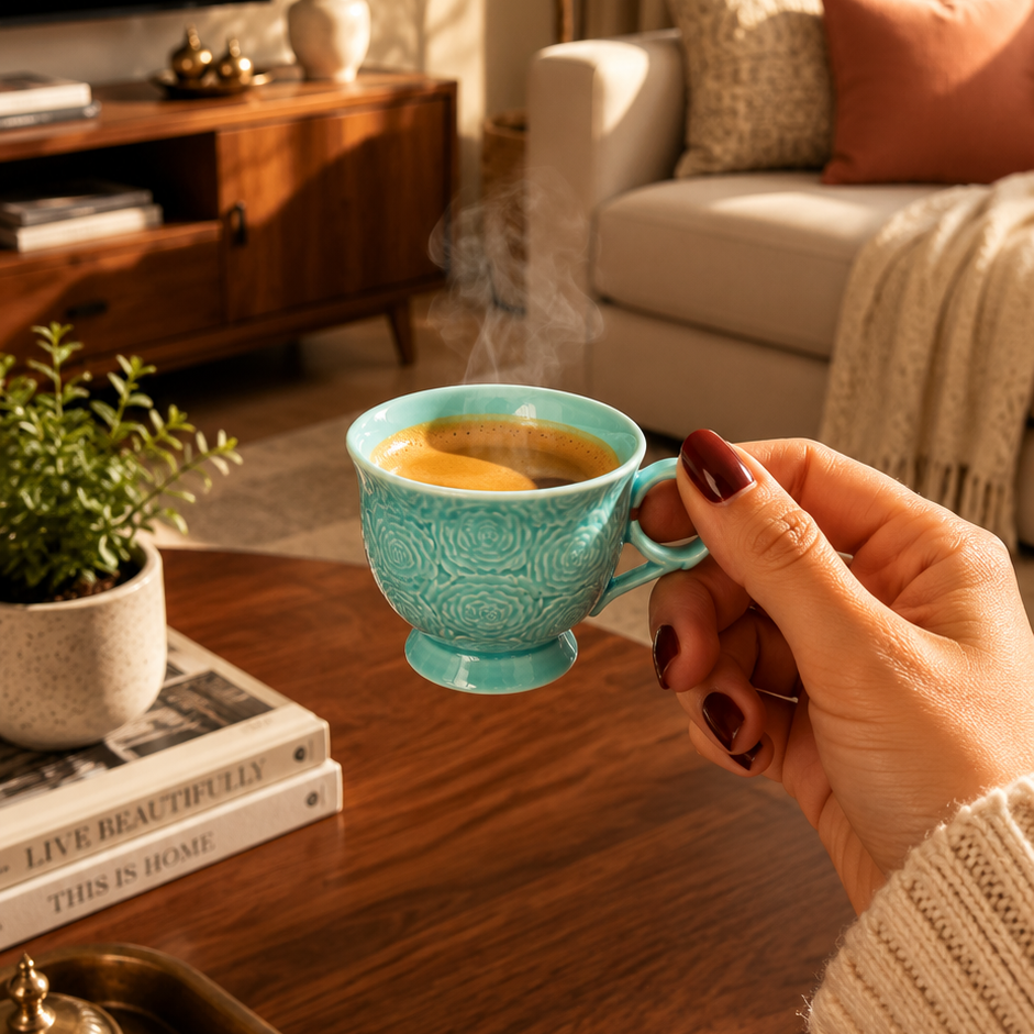 Turquoise Embossed Ceramic Espresso Cup 90ml