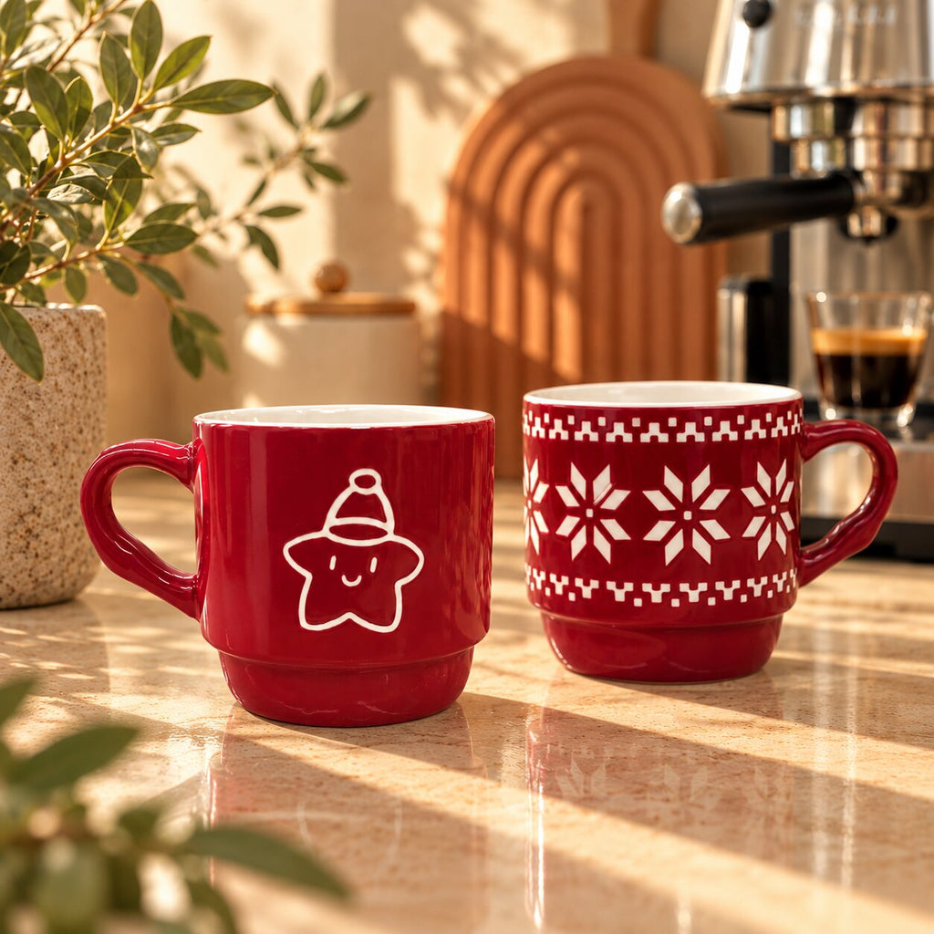 Red Christmas Star & Snowflake Mug Bundle - two 310ml ceramic mugs gift set by Gifteila