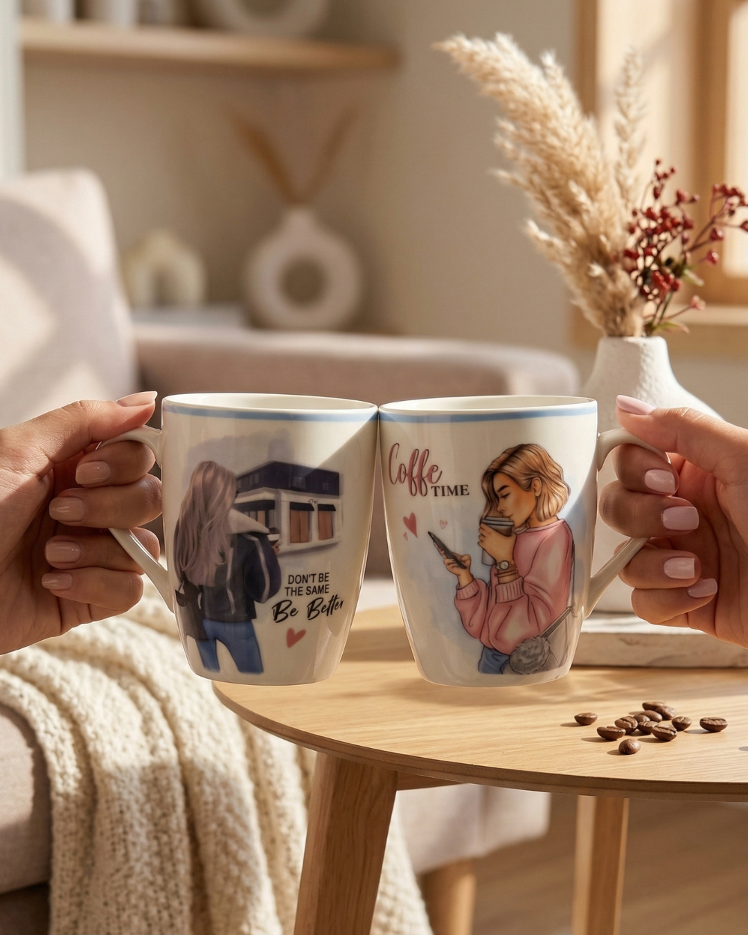 Coffee Time Aesthetic Girl Ceramic Mug Bundle – 2 Piece Coffee Cup Set, 330ml - Gifteila