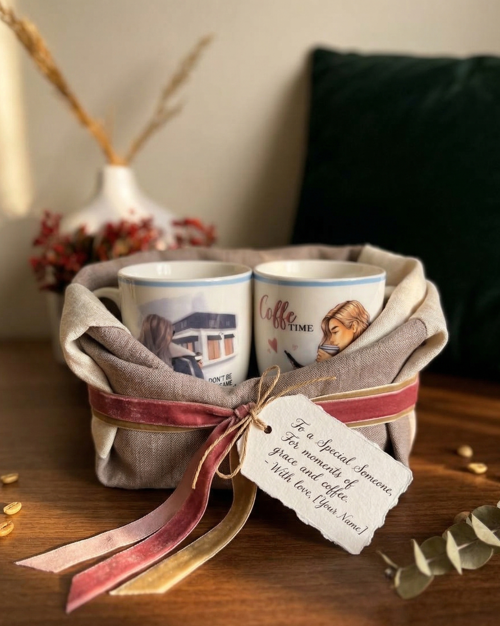 Coffee Time Aesthetic Girl Ceramic Mug Bundle – 2 Piece Coffee Cup Set, 330ml - Gifteila