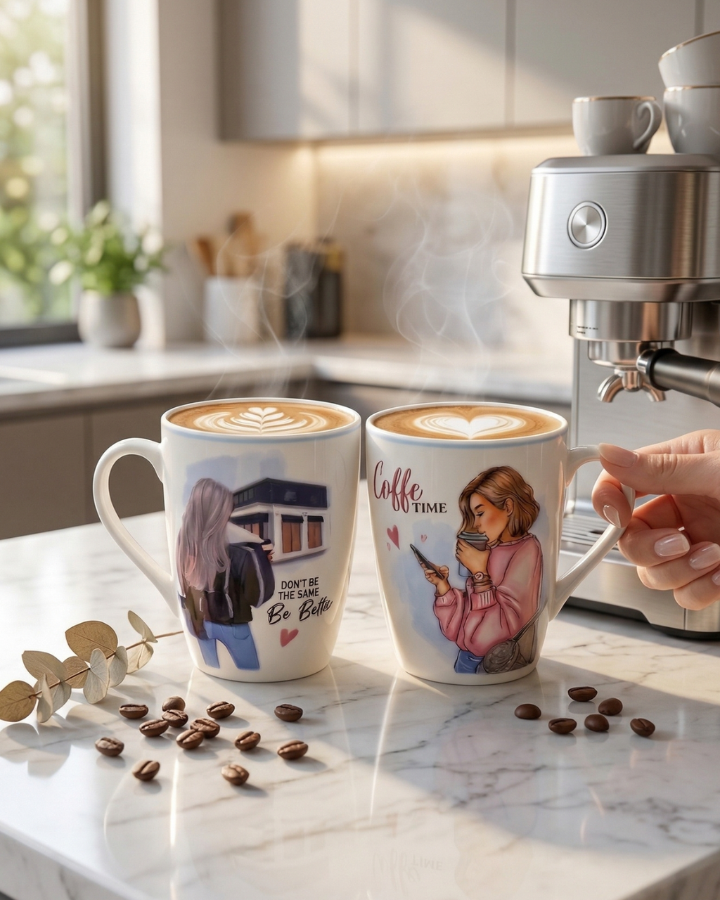 Coffee Time Aesthetic Girl Ceramic Mug Bundle – 2 Piece Coffee Cup Set, 330ml - Gifteila