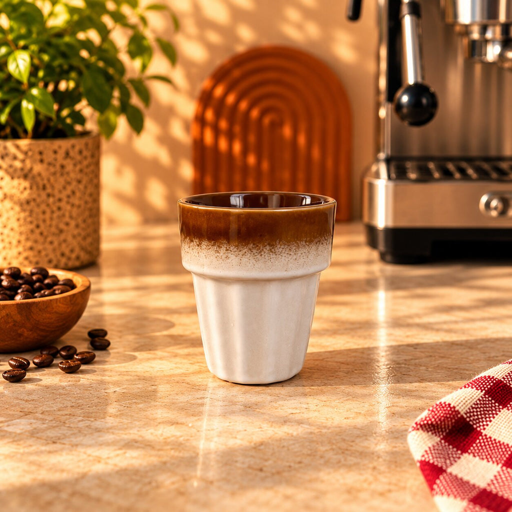 Fluted Ceramic Coffee Cup – Cream & Amber Brown, 200ml by Gifteila