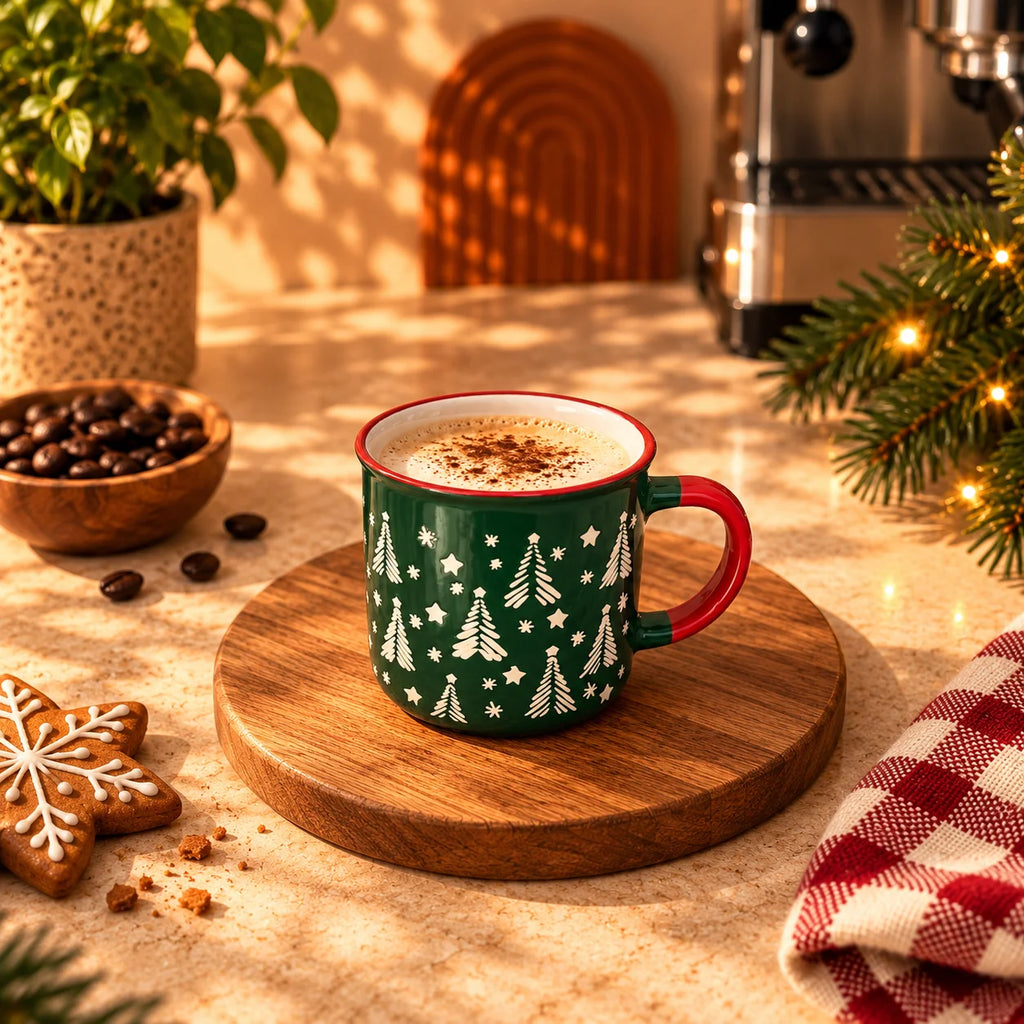 Christmas Trees & Stars Mug, Forest Green with Red Handle, 300ml – view 2