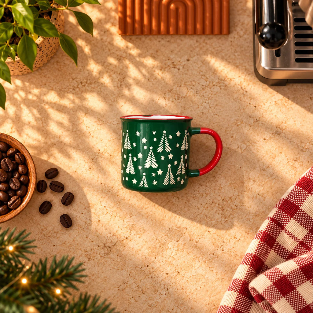 Christmas Trees & Stars Mug, Forest Green with Red Handle, 300ml – view 3