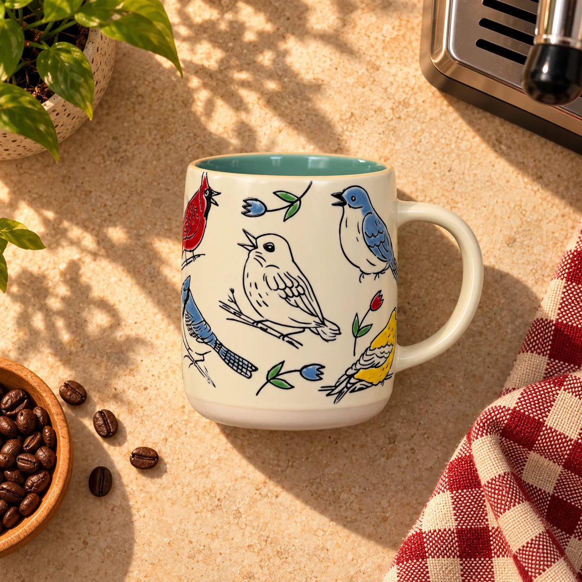 Songbirds & Flowers Mug – Cream with Teal Interior, 400ml – view 2