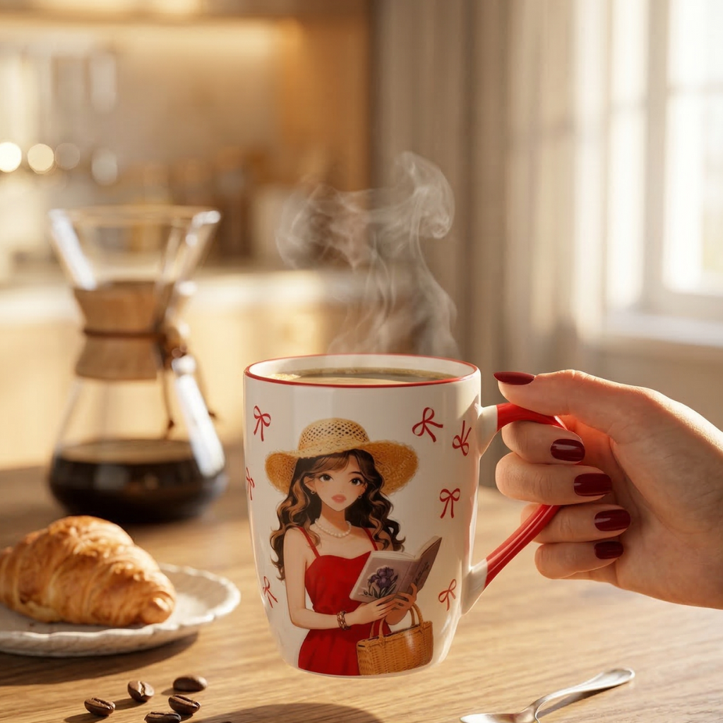 Cute Aesthetic Girl Coffee Mug – Red Handle Ceramic Cup Perfect Gift - Gifteila