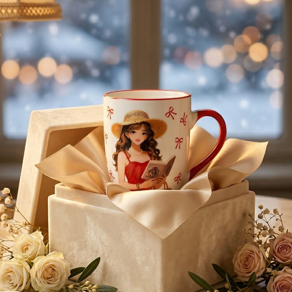 Cute Aesthetic Girl Coffee Mug – Red Handle Ceramic Cup Perfect Gift - Gifteila