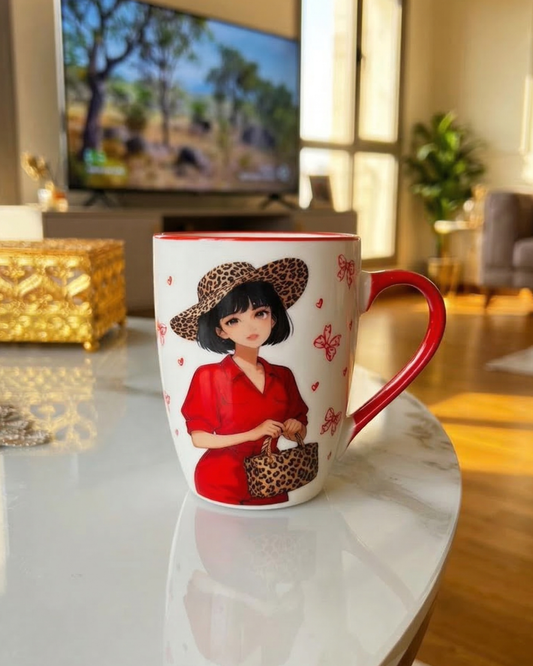 Leopard Style Fashion Girl Coffee Mug – Red Handle Ceramic Cup