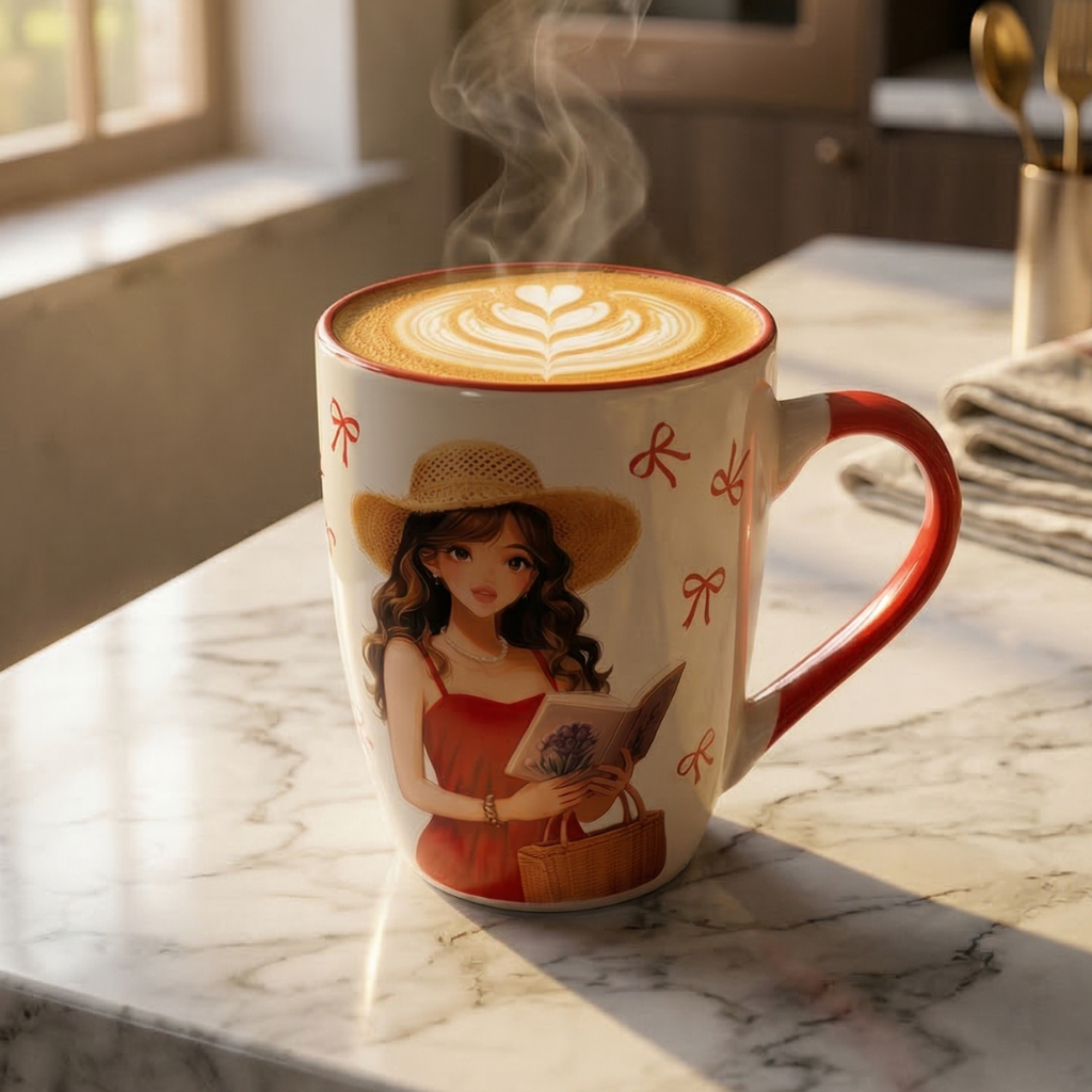 Cute Aesthetic Girl Coffee Mug – Red Handle Ceramic Cup Perfect Gift - Gifteila