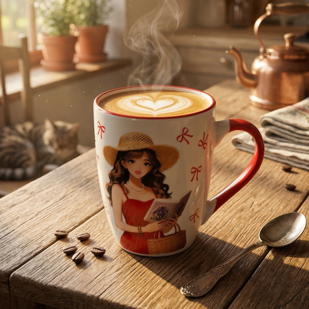 Cute Aesthetic Girl Coffee Mug – Red Handle Ceramic Cup Perfect Gift - Gifteila
