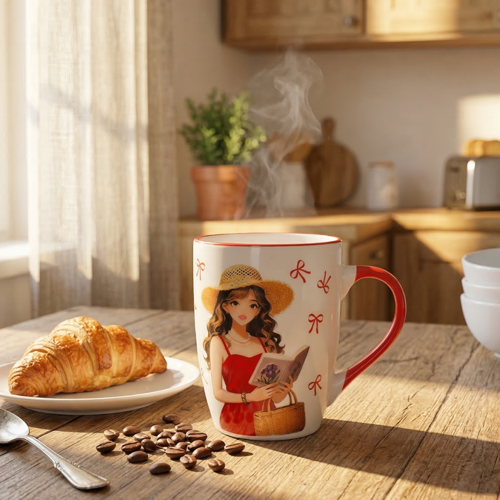 Cute Aesthetic Girl Coffee Mug – Red Handle Ceramic Cup Perfect Gift - Gifteila