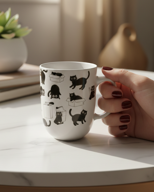 Cute Black Cats Ceramic Mug – 350ml | Minimal Art Coffee & Tea Cup - Gifteila