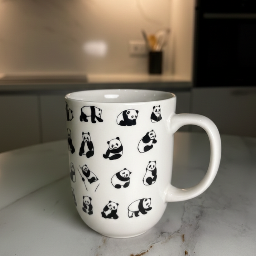 Cute Panda Ceramic Mug – 350ml | Minimal Black & White Coffee Cup