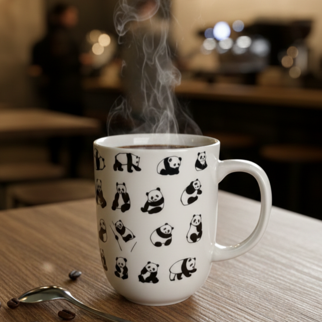 Cute Panda Ceramic Mug – 350ml | Minimal Black & White Coffee Cup