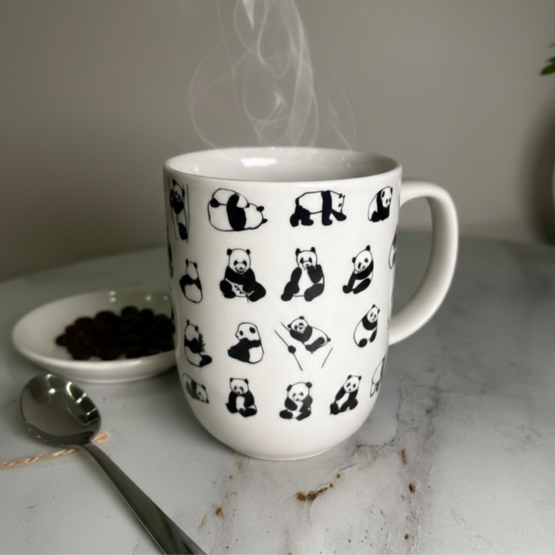 Cute Panda Ceramic Mug – 350ml | Minimal Black & White Coffee Cup