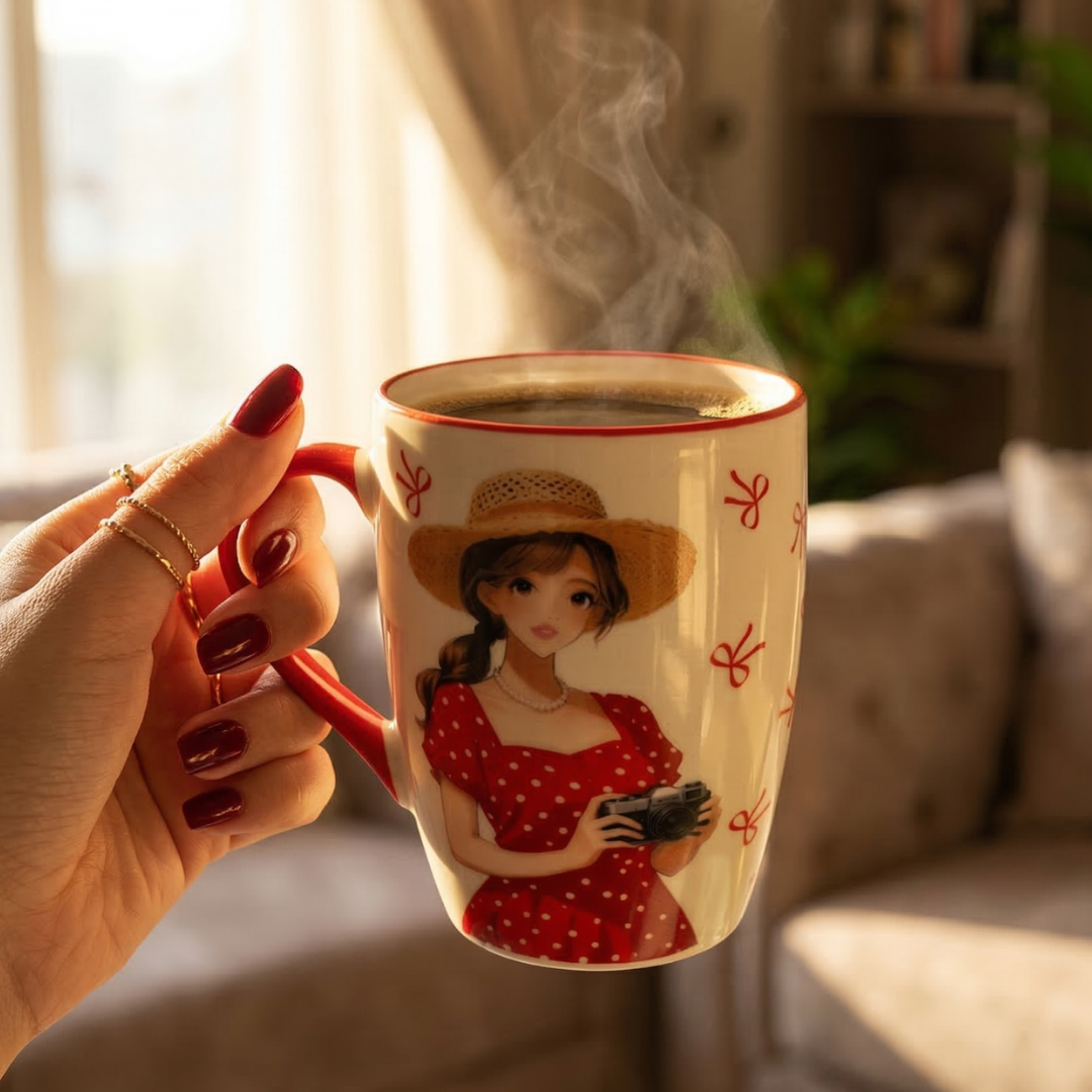 Cute Photographer Girl Ceramic Coffee Mug – Red Handle Cup - Gifteila