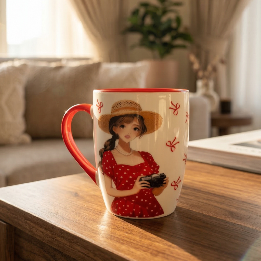 Cute Photographer Girl Ceramic Coffee Mug – Red Handle Cup - Gifteila
