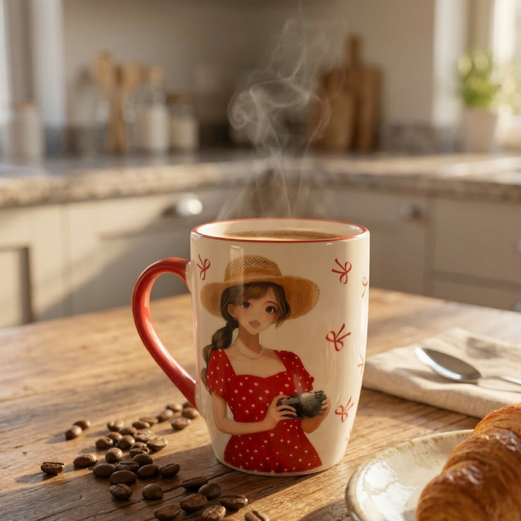 Cute Photographer Girl Ceramic Coffee Mug – Red Handle Cup - Gifteila