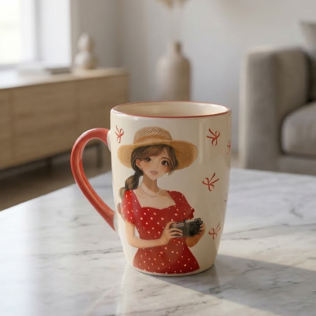 Cute Photographer Girl Ceramic Coffee Mug – Red Handle Cup - Gifteila