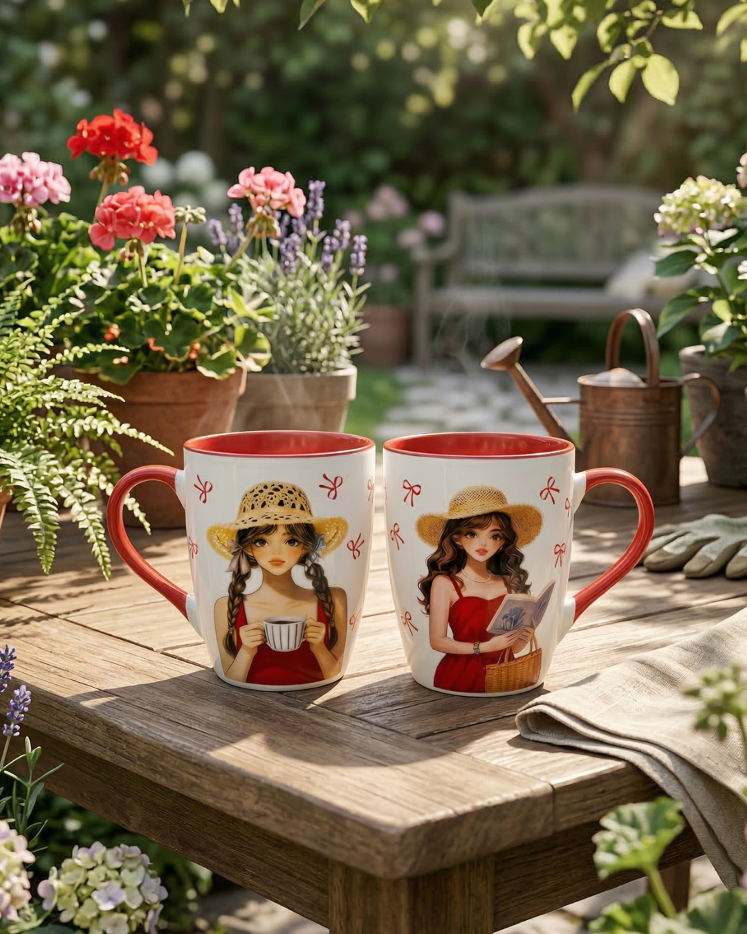 Cute Straw Hat Girl Ceramic Mug Bundle – 2 Piece Coffee Cup Set, 330ml