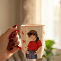 Cute Fashion Girl Ceramic Coffee Mug – Red Handle Aesthetic Mug for Coffee & Tea - Gifteila