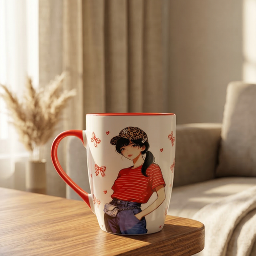 Cute Fashion Girl Ceramic Coffee Mug – Red Handle Aesthetic Mug for Coffee & Tea - Gifteila