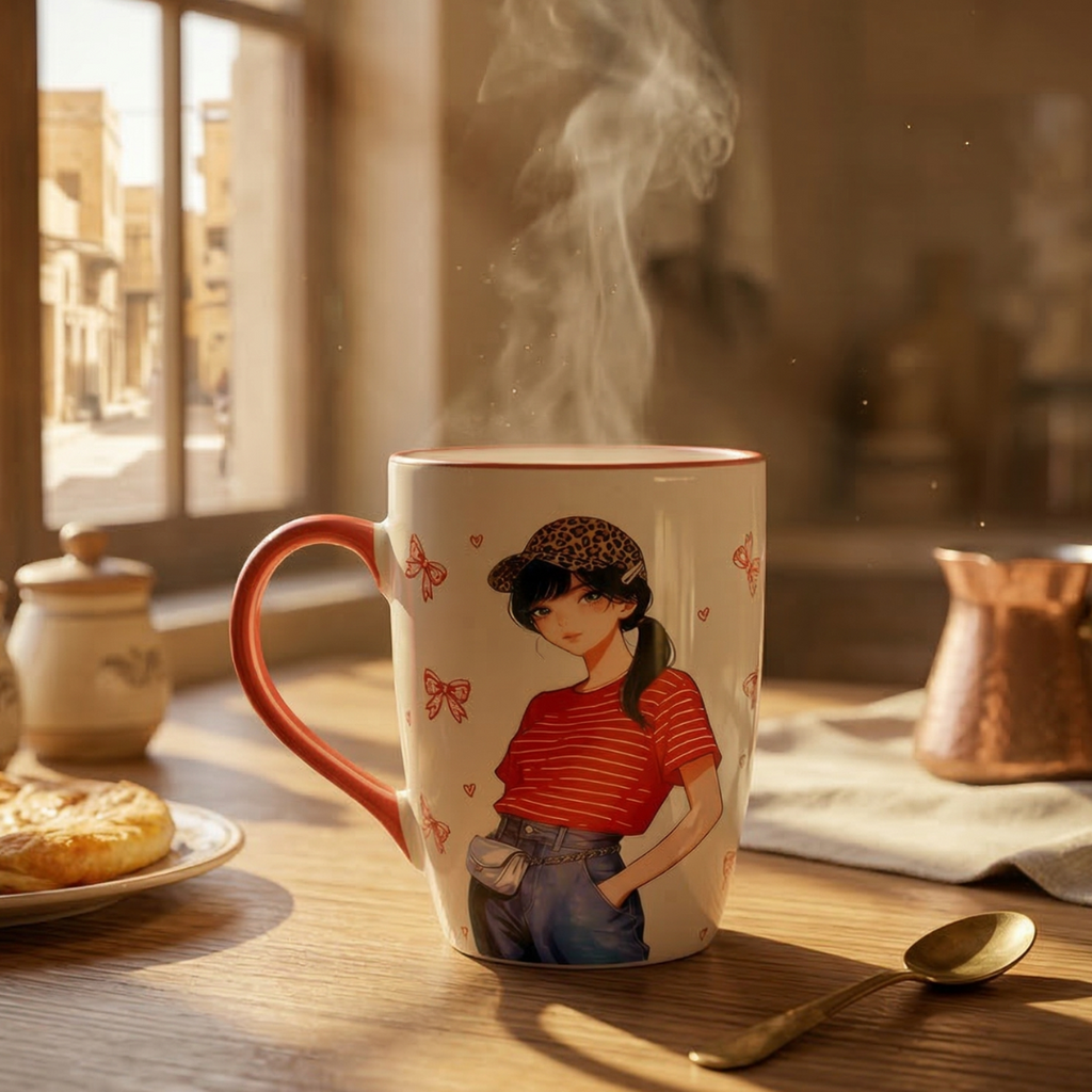 Cute Fashion Girl Ceramic Coffee Mug – Red Handle Aesthetic Mug for Coffee & Tea - Gifteila